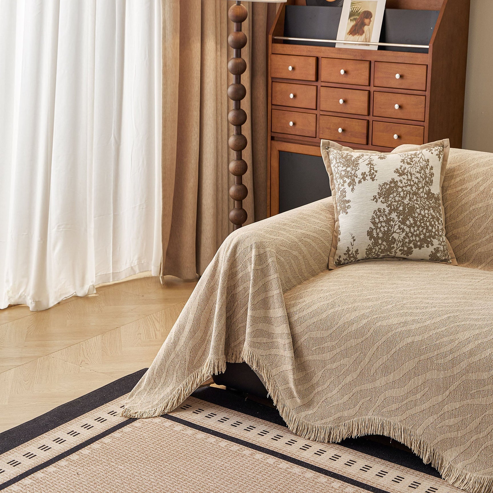 Wavy Wave Pattern Woven Couch Cover with Fringe Tassel, Soft Furniture Cover Protector - Ornate Home