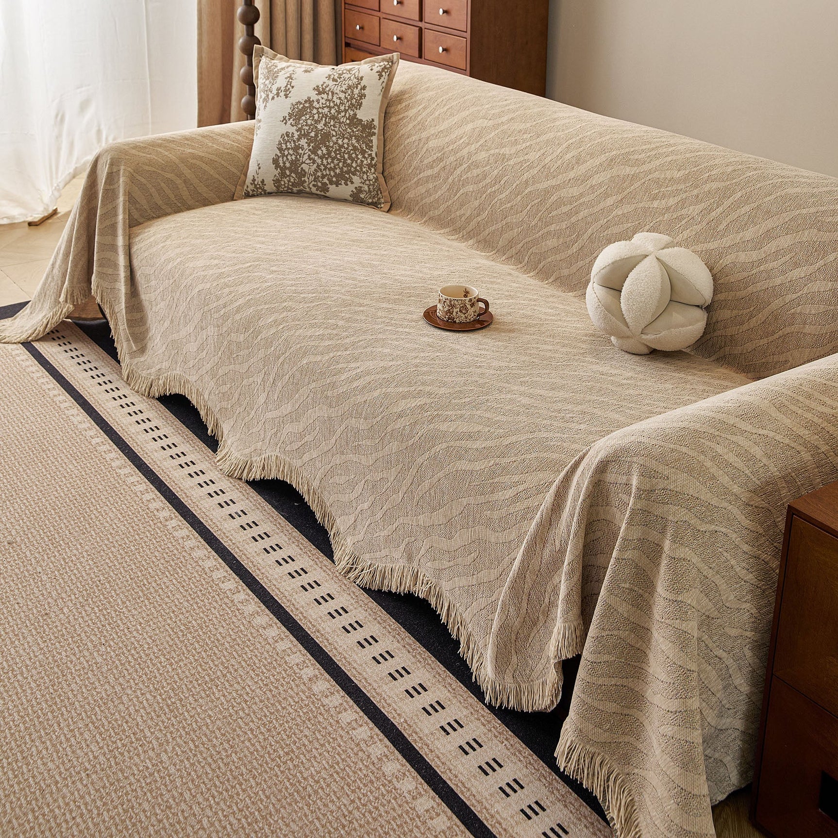 Wavy Wave Pattern Woven Couch Cover with Fringe Tassel, Soft Furniture Cover Protector - Ornate Home