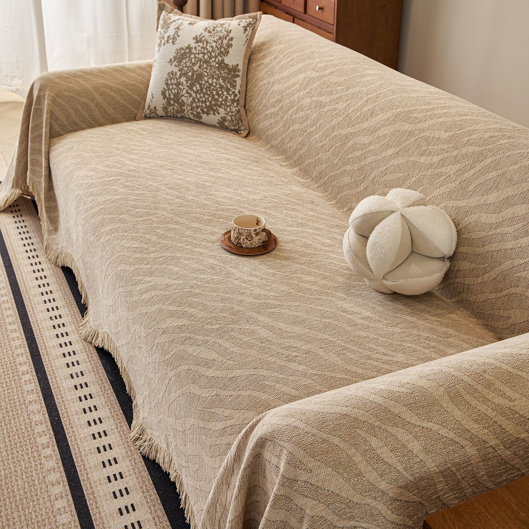 Wavy Wave Pattern Woven Couch Cover with Fringe Tassel, Soft Furniture Cover Protector - Ornate Home