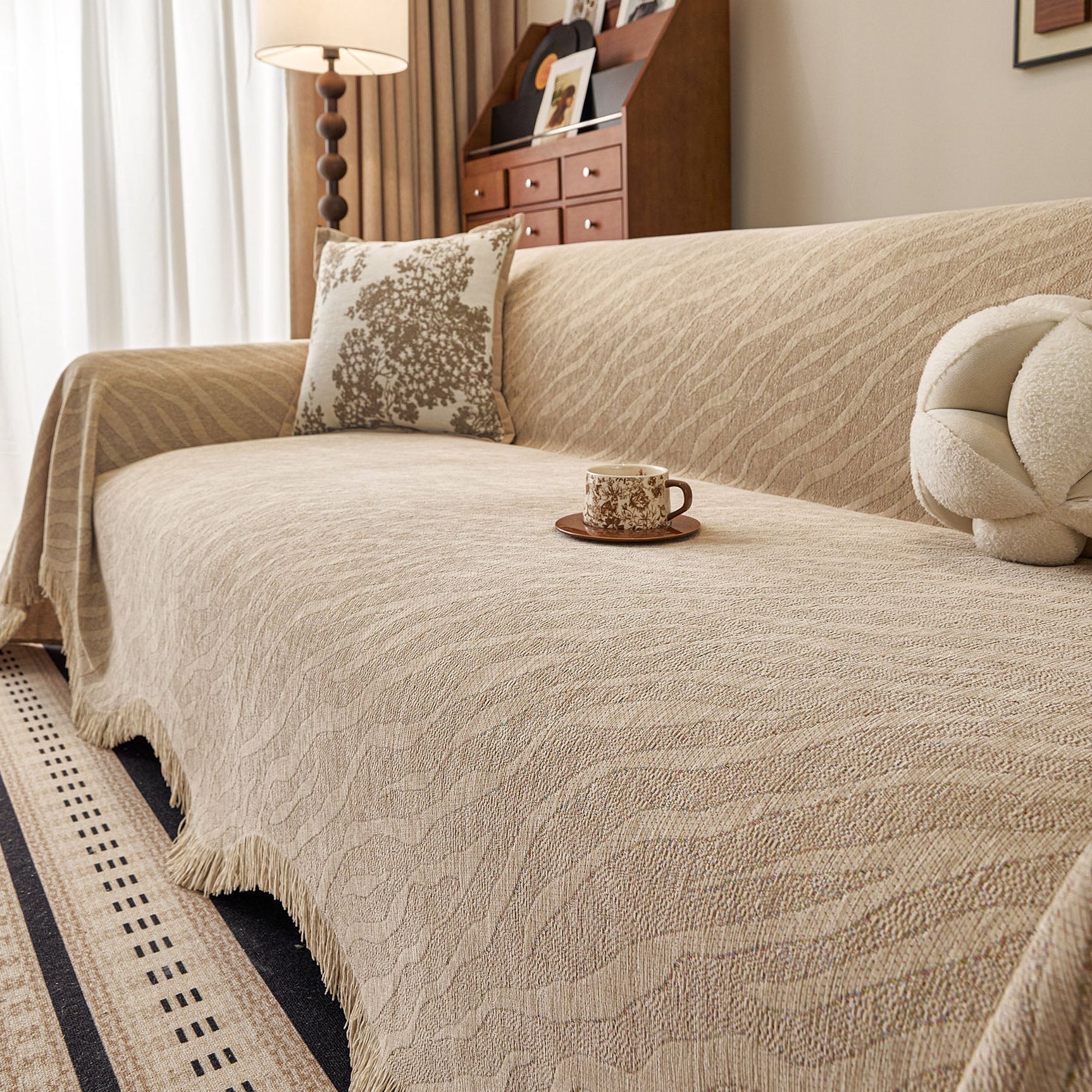 Wavy Wave Pattern Woven Couch Cover with Fringe Tassel, Soft Furniture Cover Protector - Ornate Home
