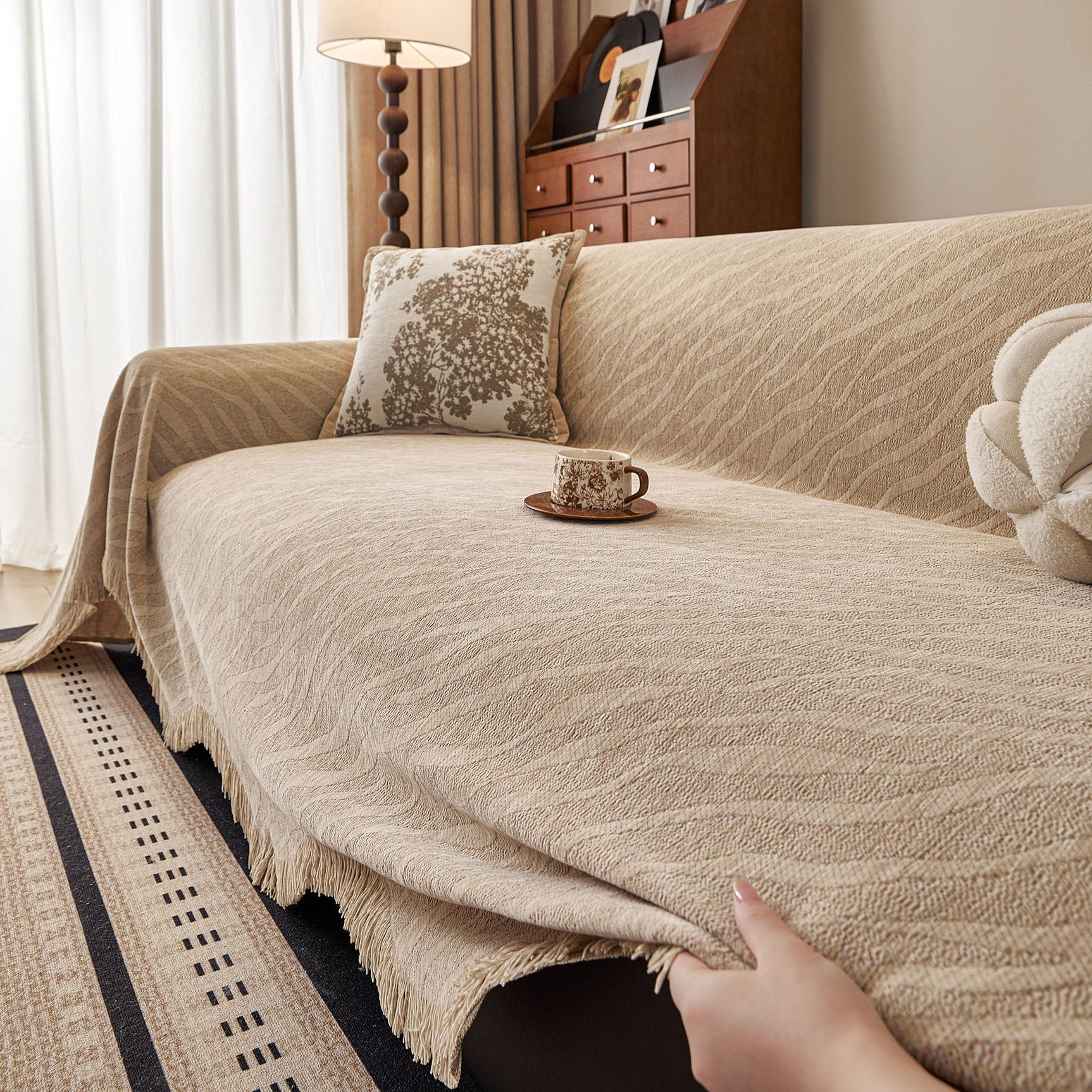 Wavy Wave Pattern Woven Couch Cover with Fringe Tassel, Soft Furniture Cover Protector - Ornate Home