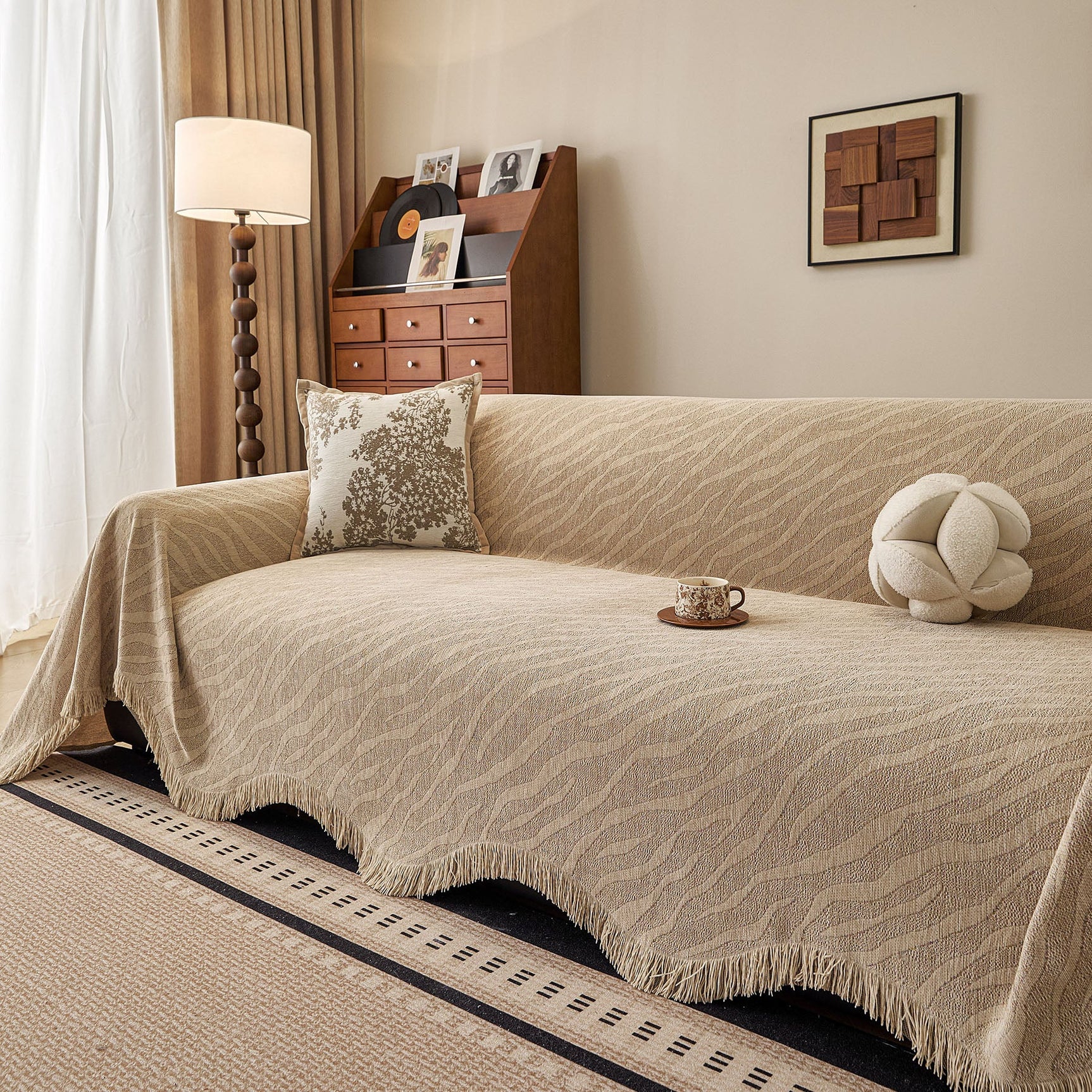 Wavy Wave Pattern Woven Couch Cover with Fringe Tassel, Soft Furniture Cover Protector - Ornate Home