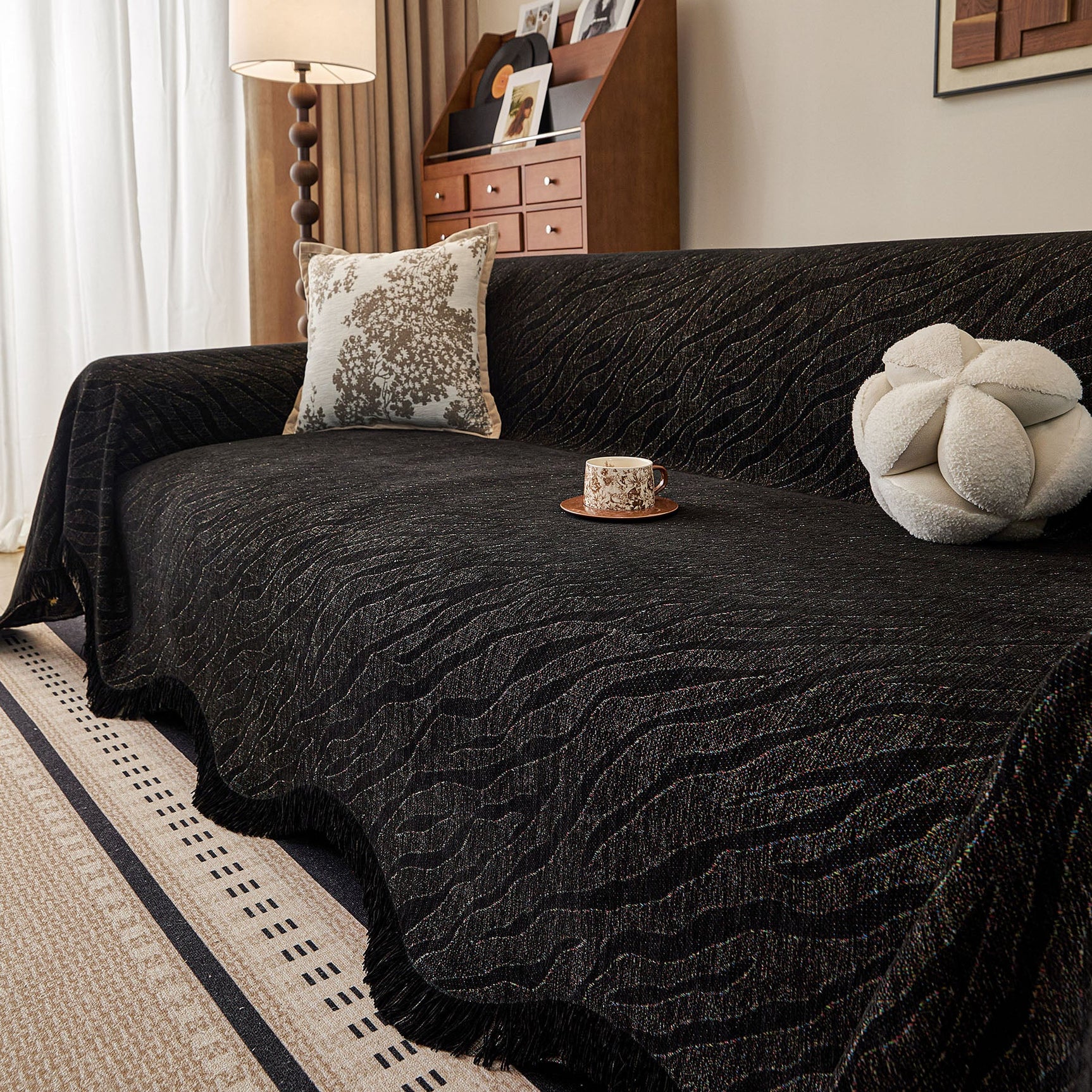 Wavy Wave Pattern Woven Couch Cover with Fringe Tassel, Soft Furniture Cover Protector - Ornate Home