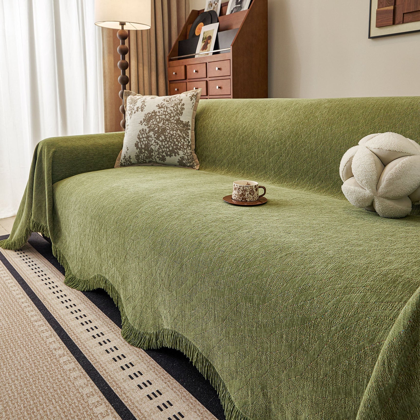 Wavy Wave Pattern Woven Couch Cover with Fringe Tassel, Soft Furniture Cover Protector - Ornate Home