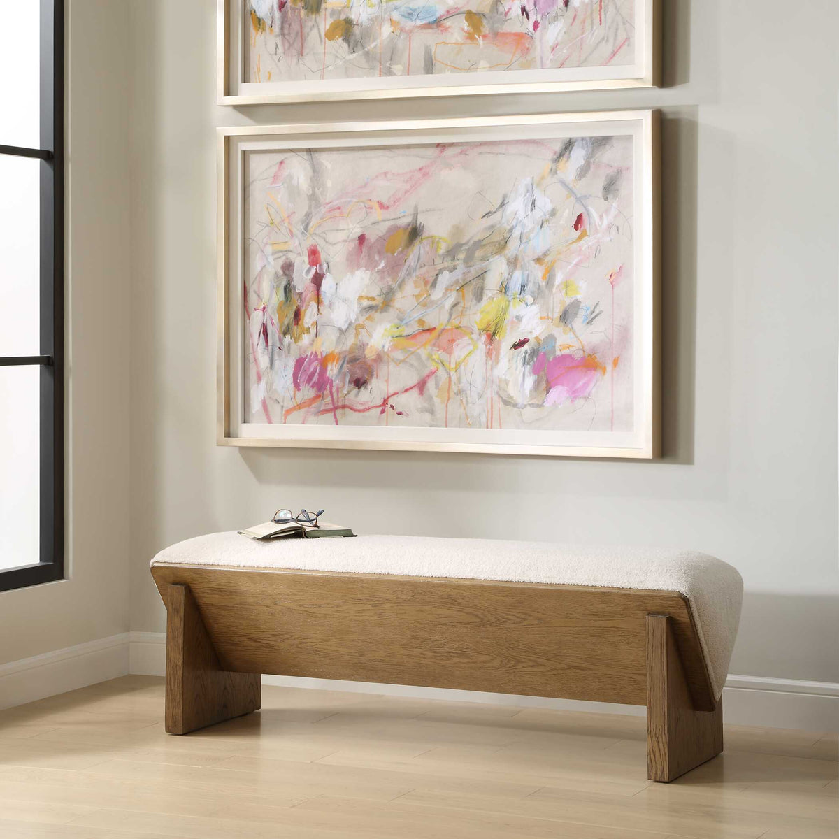 Wedged Ivory Fabric Bench - Ornate Home
