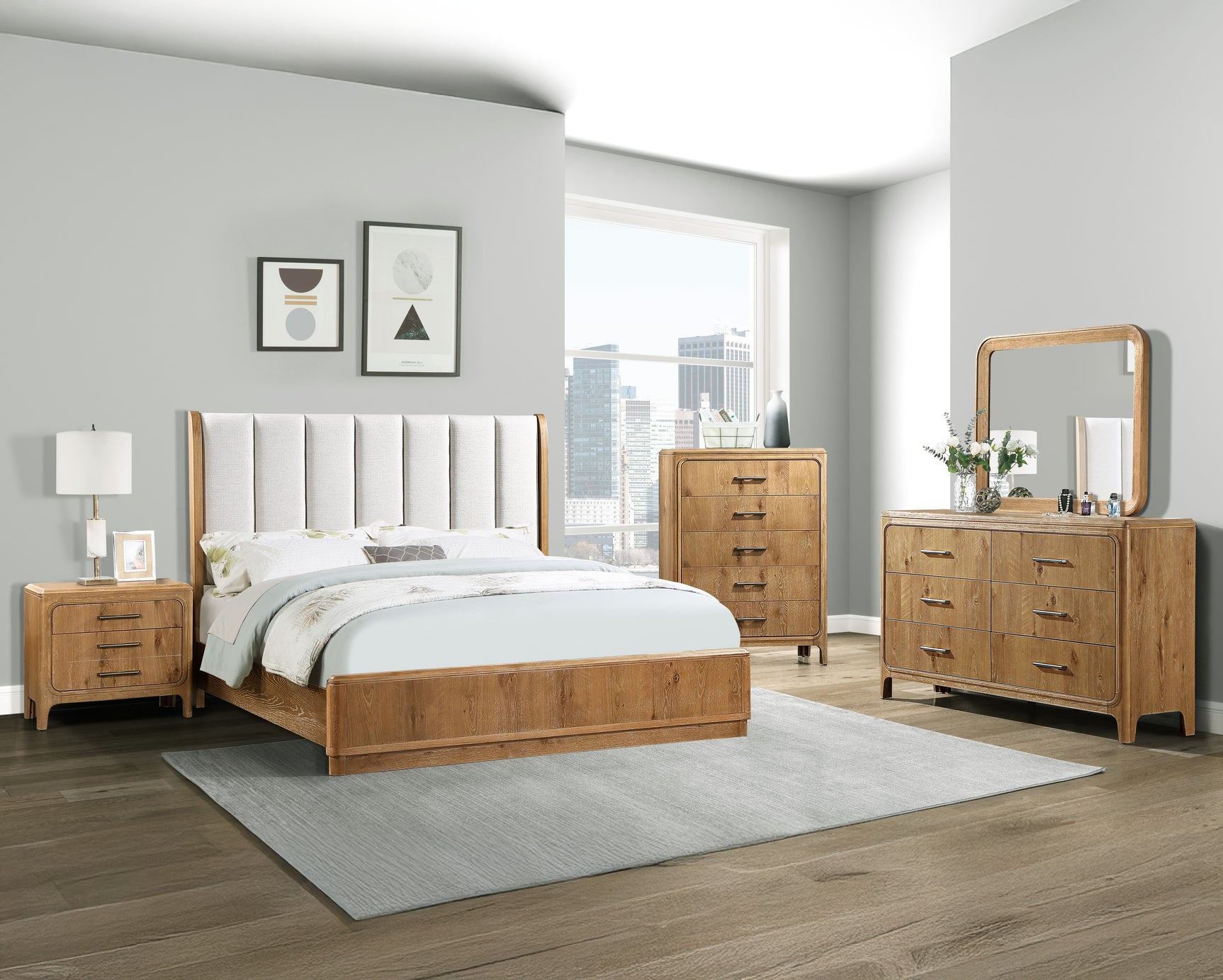 Westcott Cerused Natural King Upholstered Panel Bed - Ornate Home