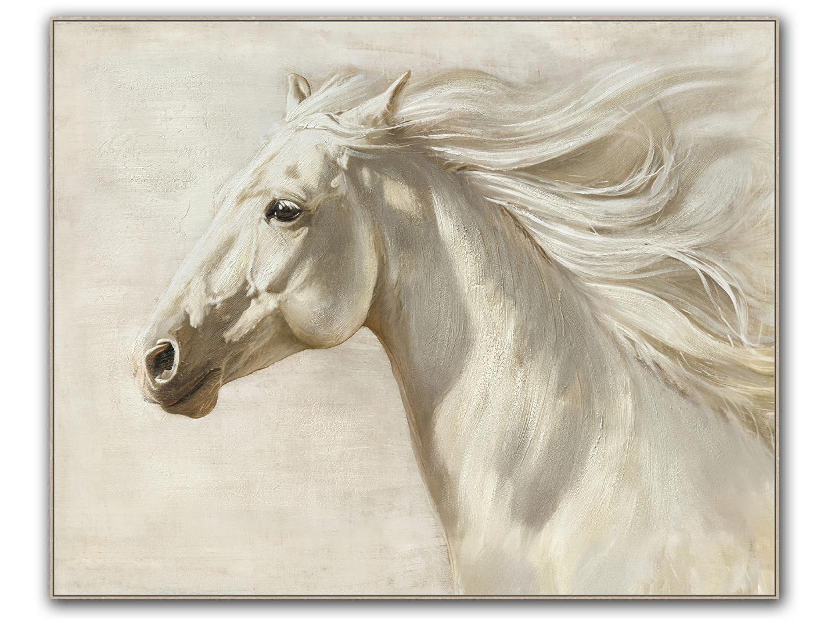 White Horse on White Hand-painted Canvas in Frame Wall Art - Ornate Home