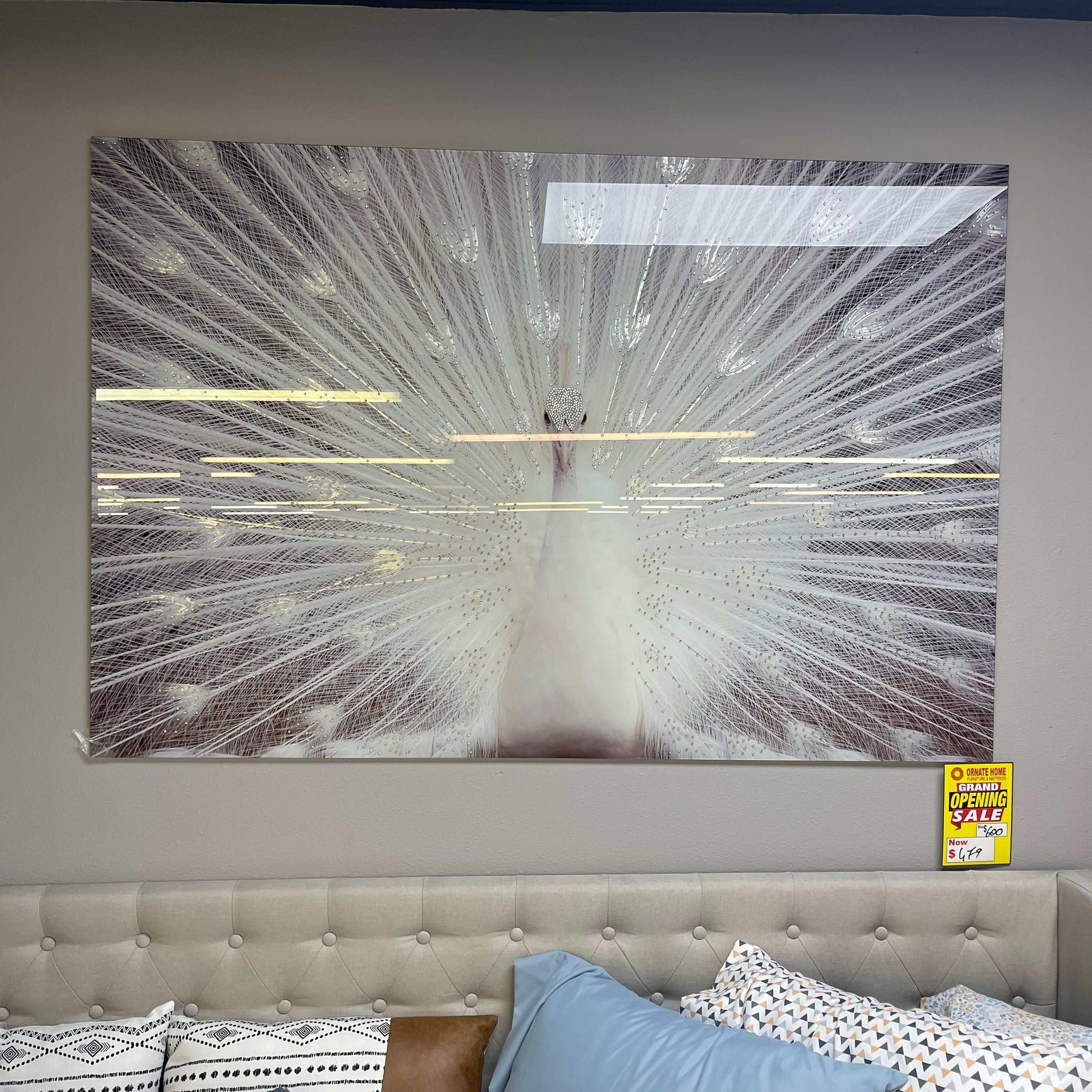 White Peacock Tempered Glass w / Foil & Rhinestones Wall Art - Ornate Home