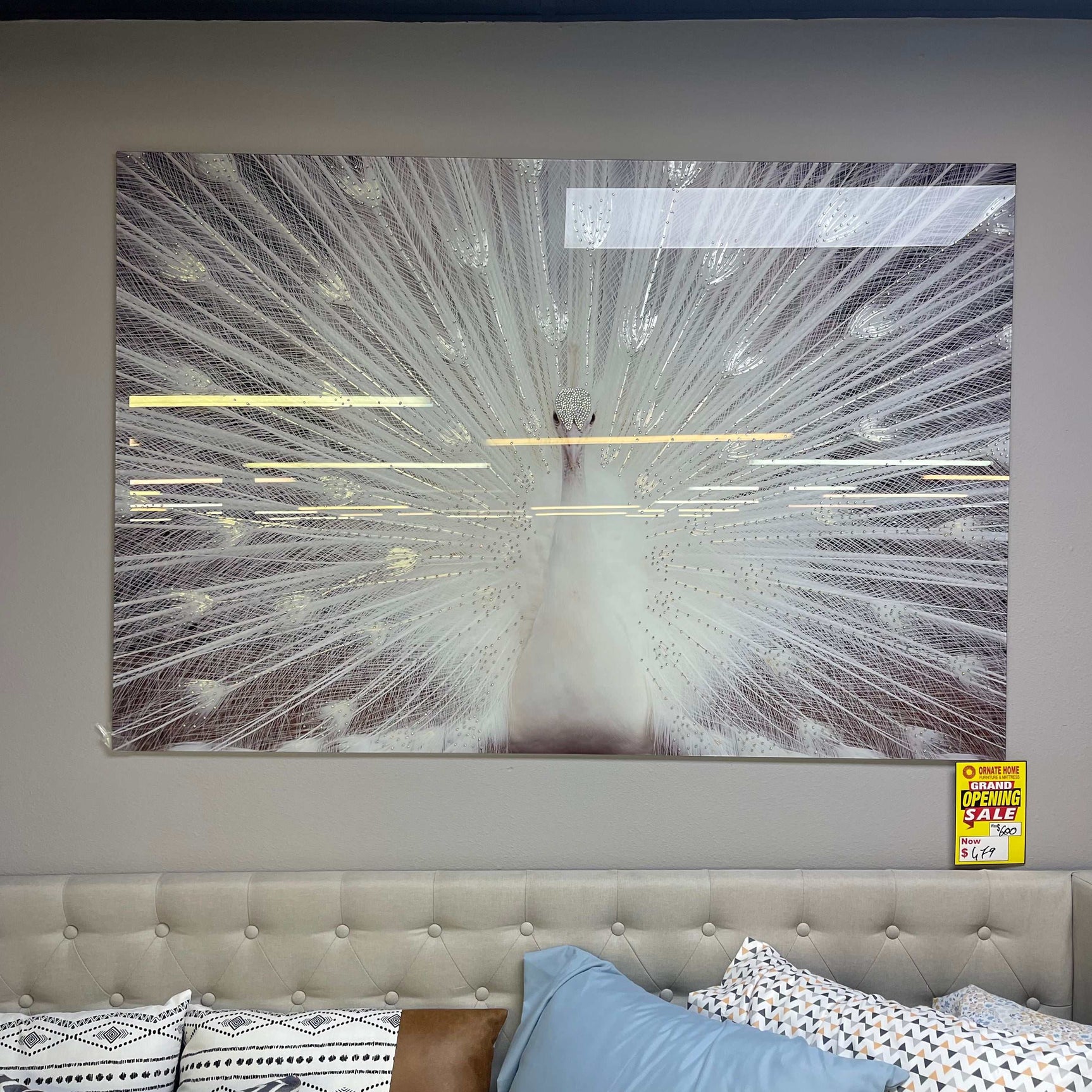 White Peacock Tempered Glass w / Foil & Rhinestones Wall Art - Ornate Home