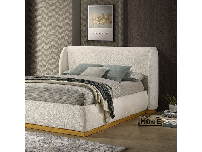 Whitman White Boucle/Natural Oak Upholstered Queen Bed - Ornate Home