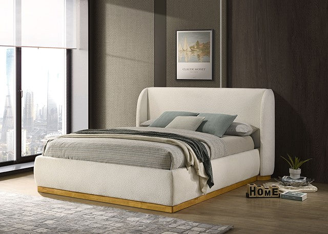 Whitman White Boucle/Natural Oak Upholstered Queen Bed - Ornate Home