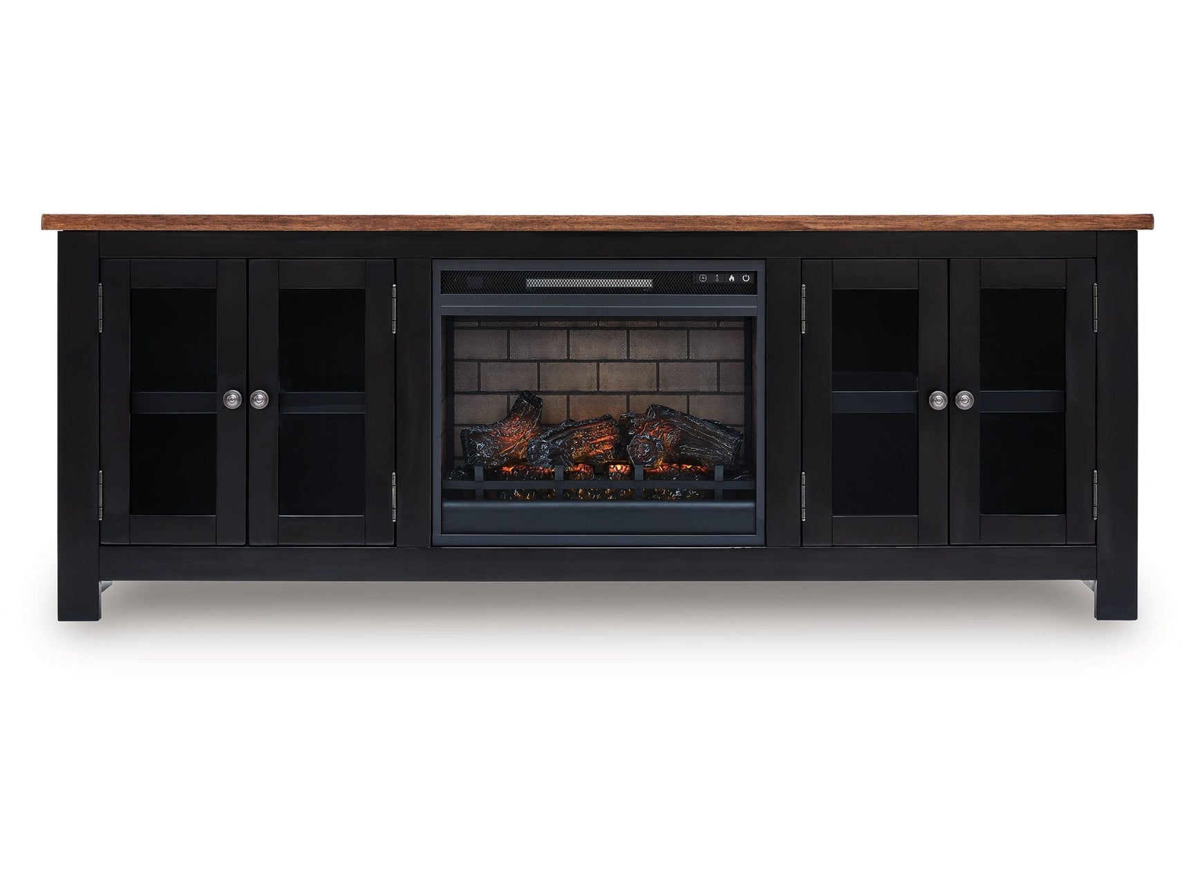 Wildenauer Brown/Black 76" TV Stand with Electric Fireplace (realistic-looking log) (Online Special Price) - Ornate Home