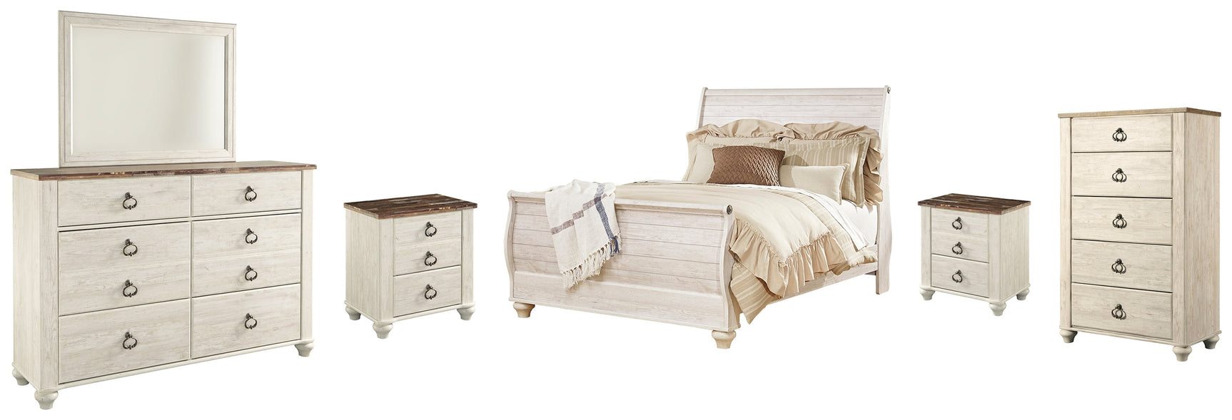 Willowton Queen Sleigh Bedroom Set with Dresser, Mirror, Chest and 2 Nightstands - Ornate Home