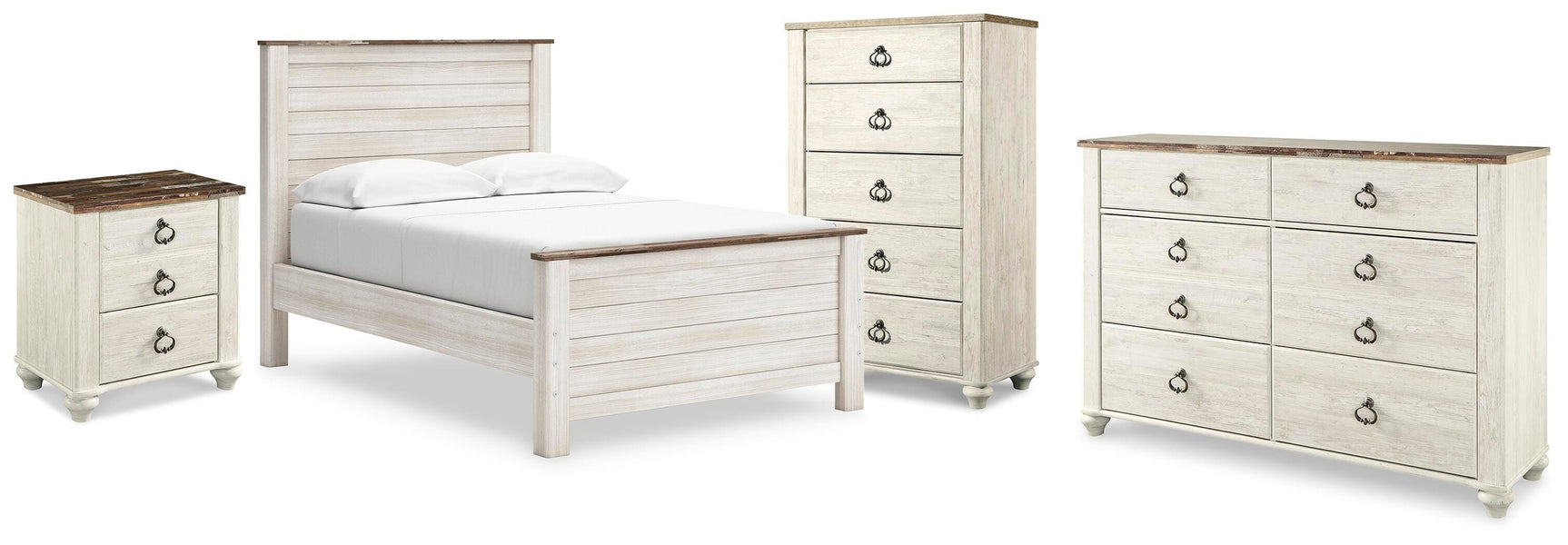 Willowton Whitewash Full Panel Bed, Dresser, Chest and Nightstand - Ornate Home