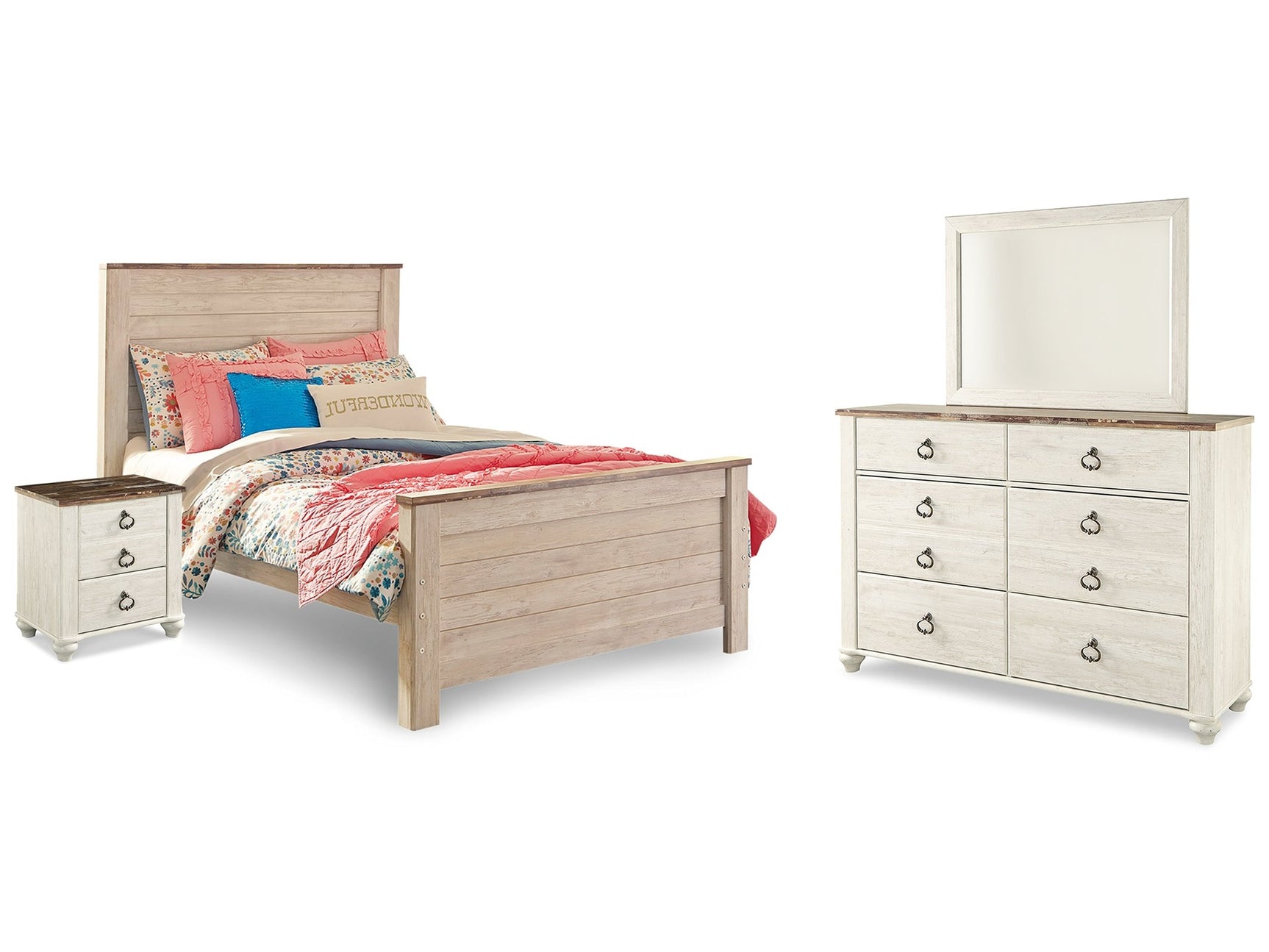 Willowton Whitewash Full Panel Bedroom Set with Dresser, Mirror, Chest and Nightstand - Ornate Home