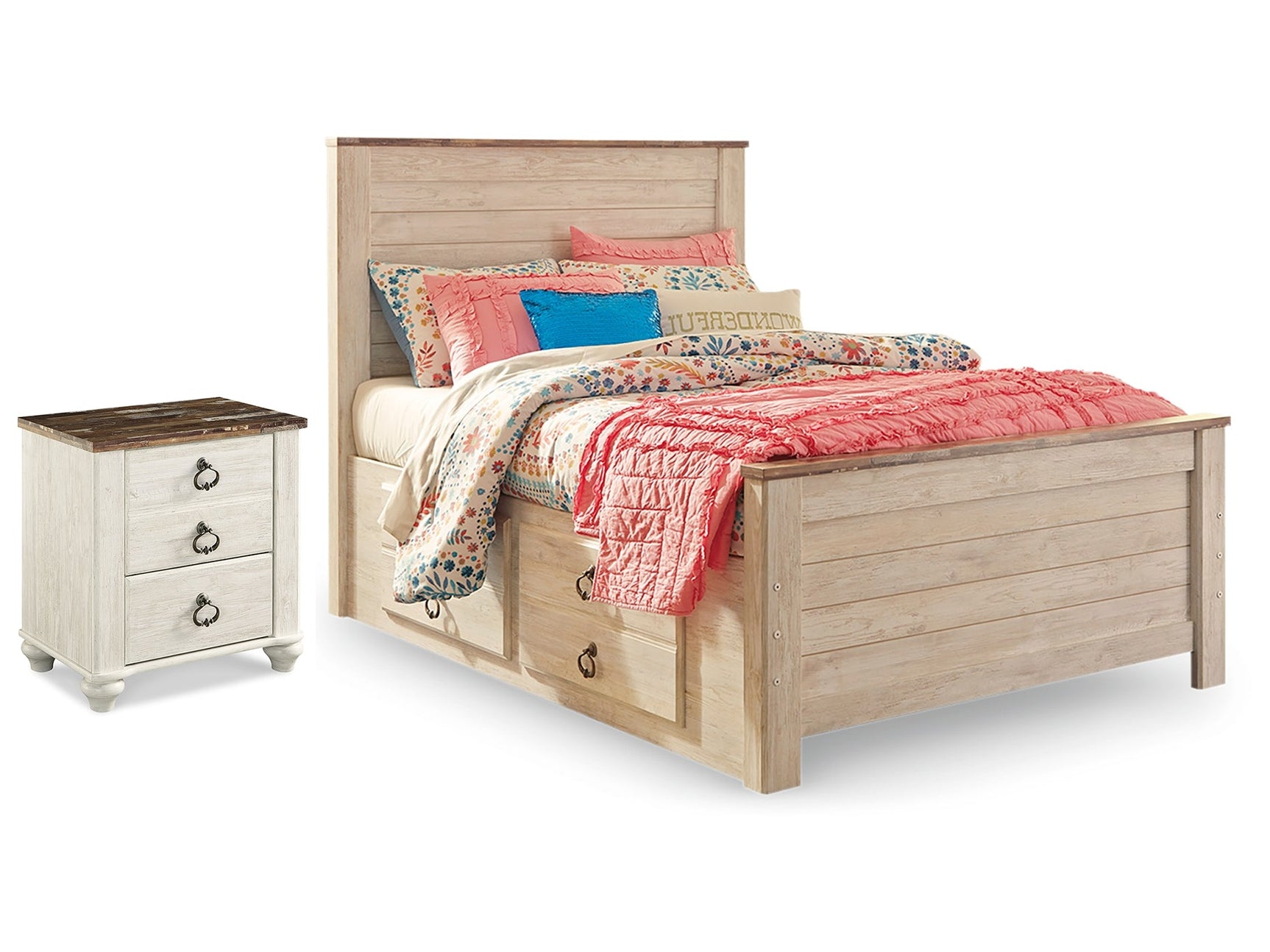 Willowton Whitewash Full Panel Bedroom Set with Storage and Nightstand - Ornate Home