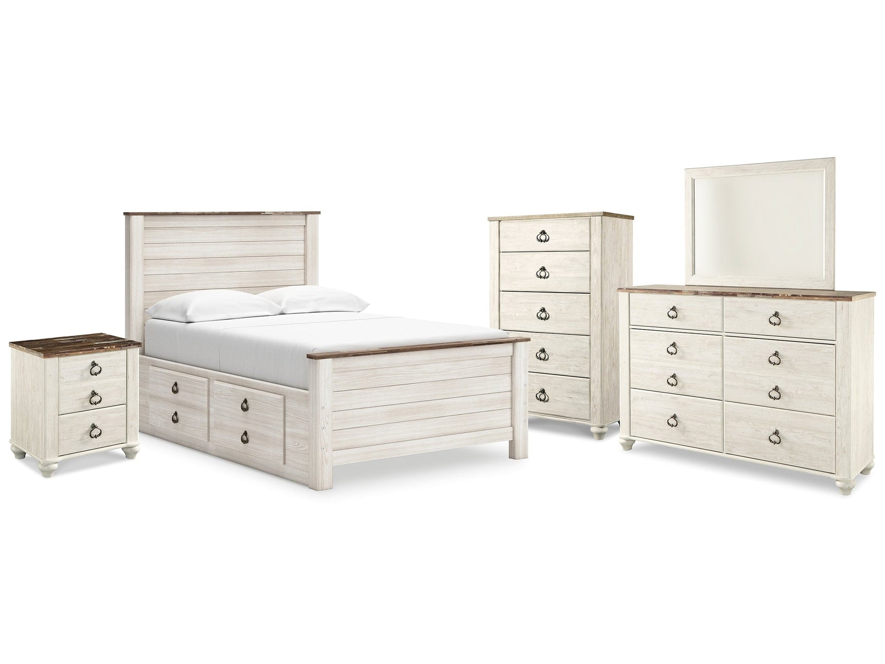 Willowton Whitewash Full Panel Bedroom Set with storage, Dresser, Mirror, Chest and Nightstand (Online Special Price) - Ornate Home