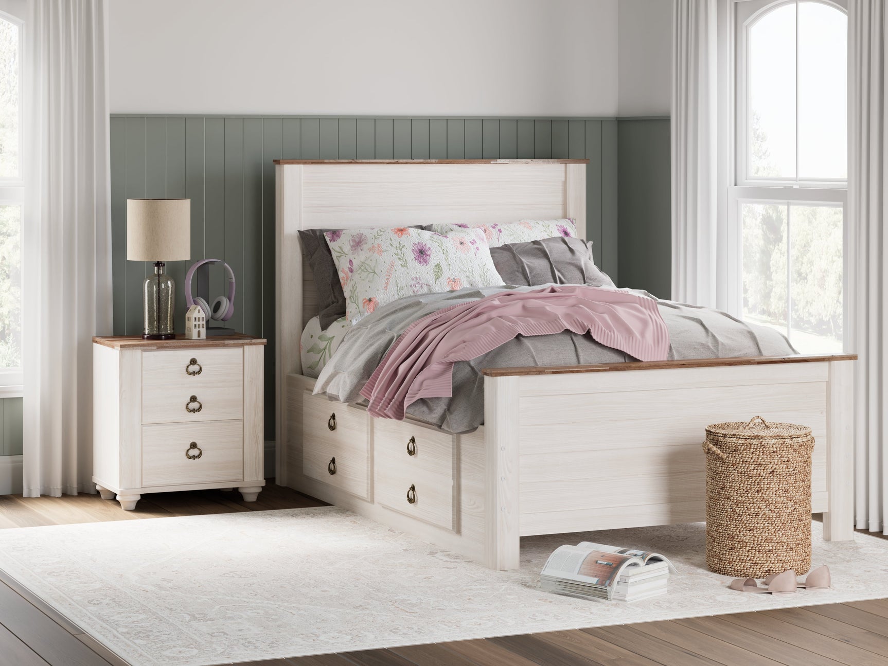 Willowton Whitewash Full Panel Bedroom Set with storage, Dresser, Mirror, Chest and Nightstand (Online Special Price) - Ornate Home
