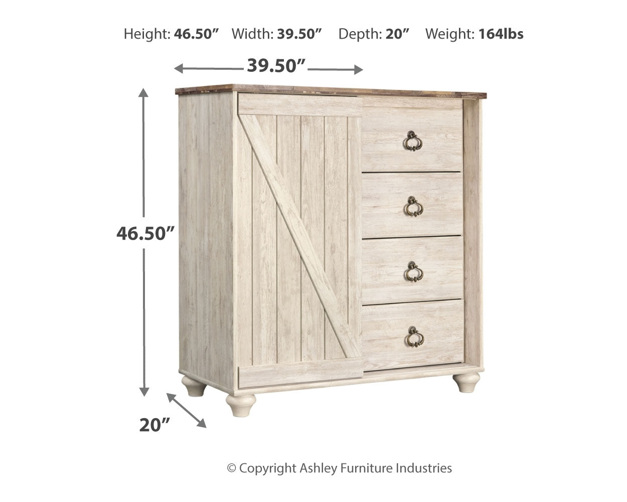 Willowton Whitewash King Panel Bed, Dresser, Mirror, Chest and Nightstand - Ornate Home
