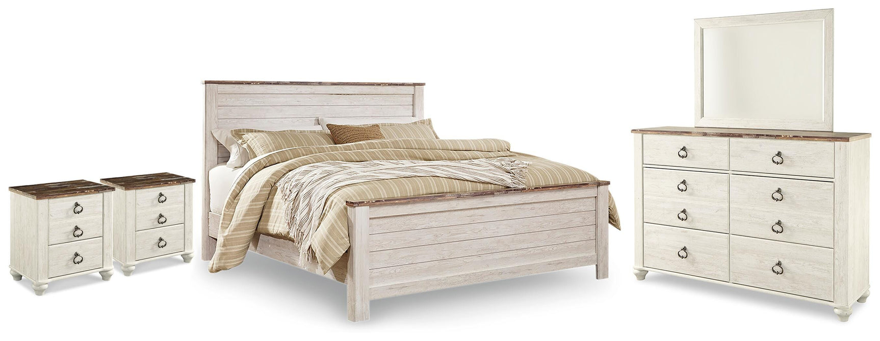 Willowton Whitewash King Panel Bed, Dresser, Mirror and 2 Nightstands - Ornate Home