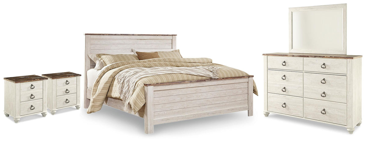 Willowton Whitewash King Panel Bed, Dresser, Mirror and 2 Nightstands - Ornate Home