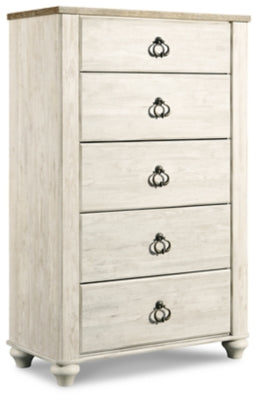 Willowton Whitewash King Panel Bedroom Set with Dresser, Mirror, Chest and 2 Nightstands (Online Special Price) - Ornate Home