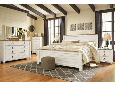 Willowton Whitewash King Panel Bedroom Set with Dresser, Mirror, Chest and 2 Nightstands - Ornate Home
