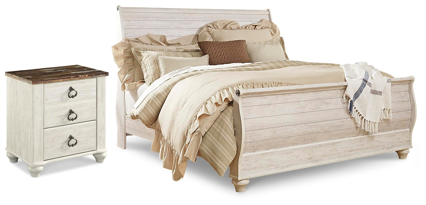 Willowton Whitewash King Sleigh Bed and Nightstand - Ornate Home