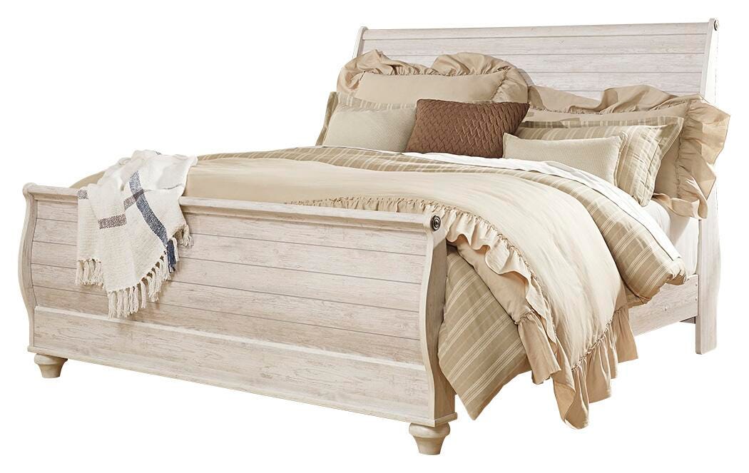 Willowton Whitewash King Sleigh Bed and Nightstand - Ornate Home