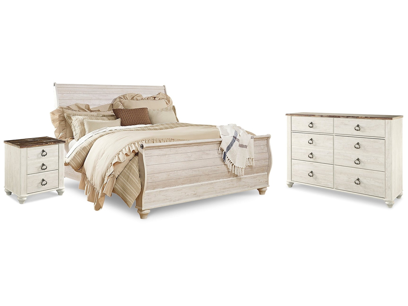 Willowton Whitewash King Sleigh Bedroom Set with Dresser and Nightstand (Online Special Price) - Ornate Home