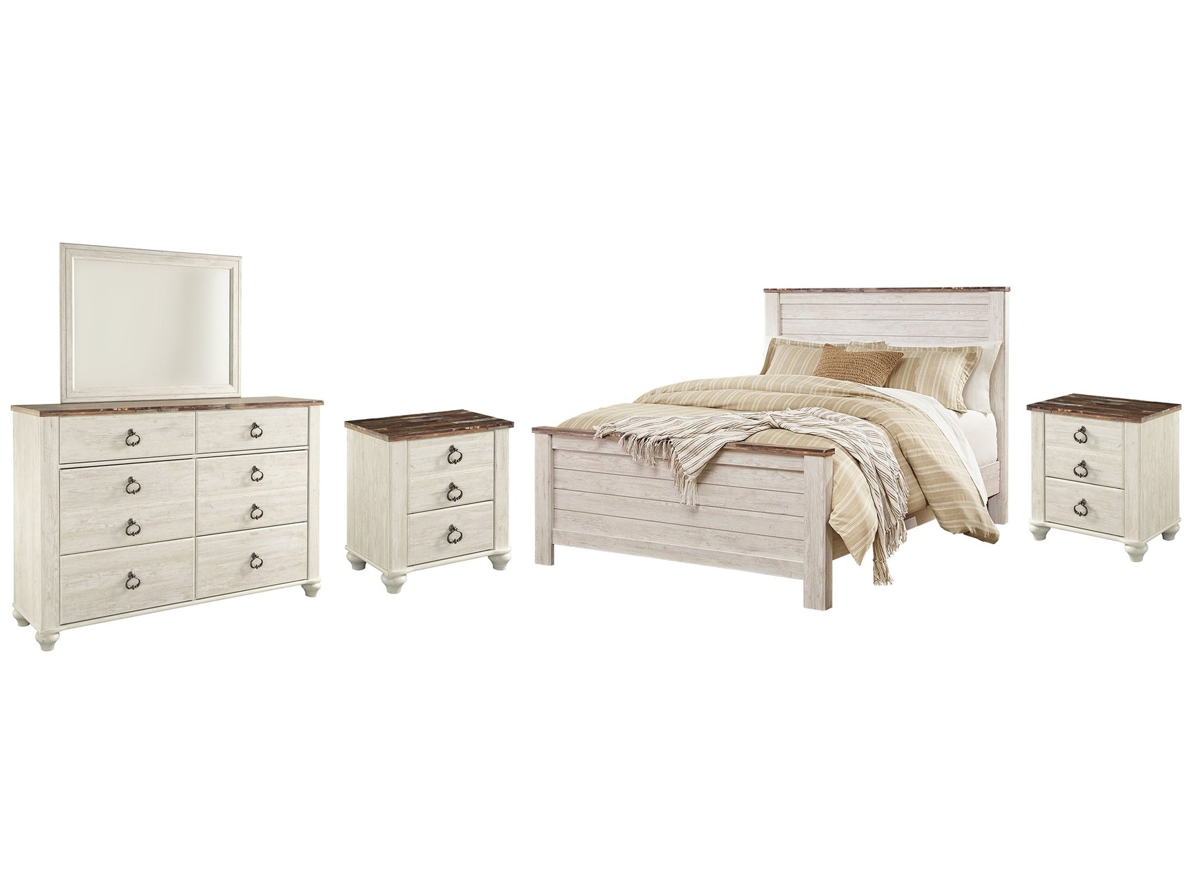 Willowton Whitewash Queen Panel Bedroom Set with Dresser, Mirror and 2 Nightstands (Online Special Price) - Ornate Home