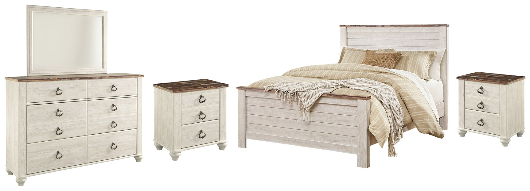 Willowton Whitewash Queen Panel Bedroom Set with Dresser, Mirror and 2 Nightstands (Online Special Price) - Ornate Home