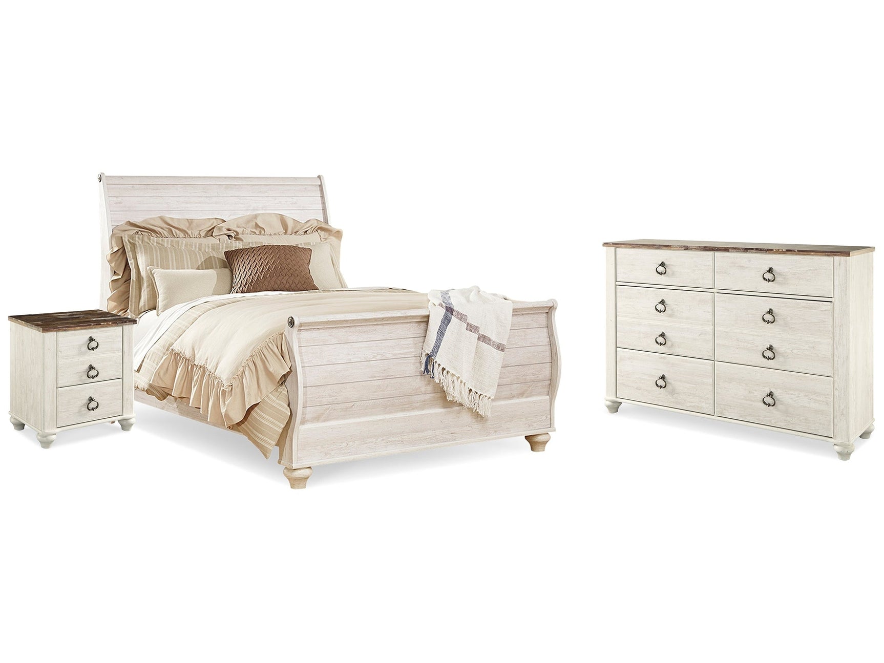 Willowton Whitewash Queen Sleigh Bed & Dresser & Nightstand (Online Special Price) - Ornate Home
