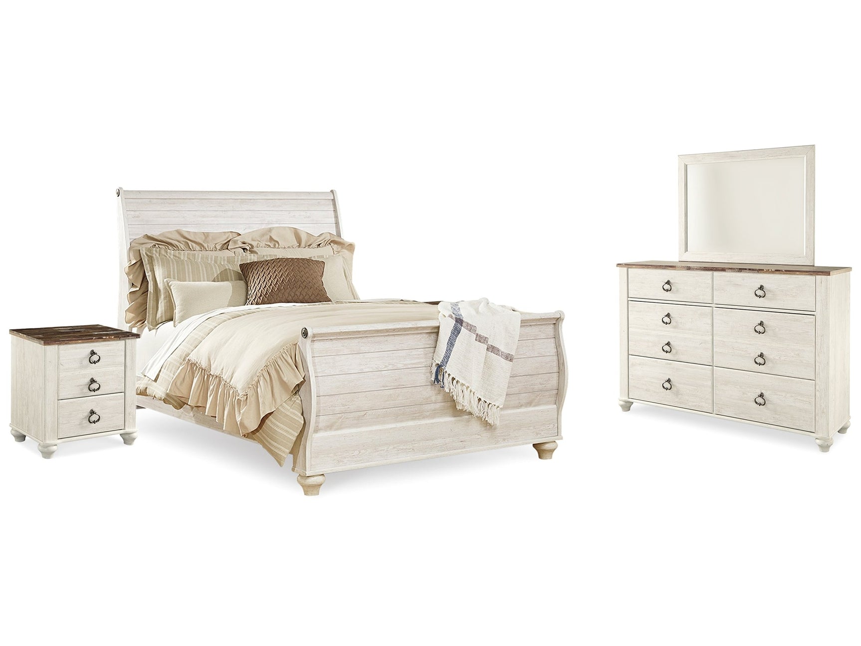 Willowton Whitewash Queen Sleigh Bedroom Set with Dresser, Mirror and 2 Nightstands (Online Special Price) - Ornate Home