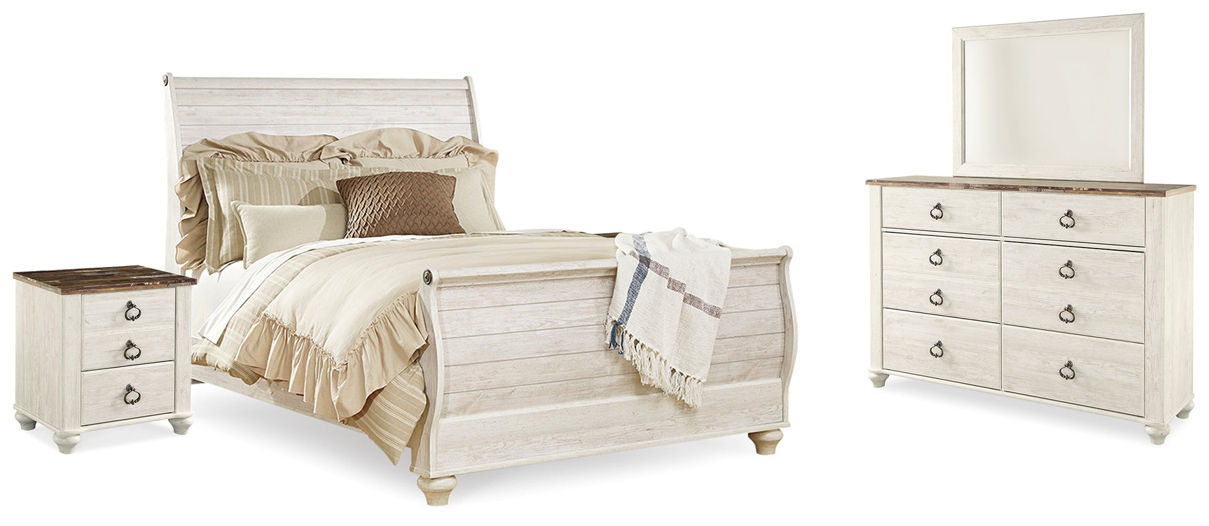 Willowton Whitewash Queen Sleigh Bedroom Set with Dresser, Mirror and 2 Nightstands (Online Special Price) - Ornate Home