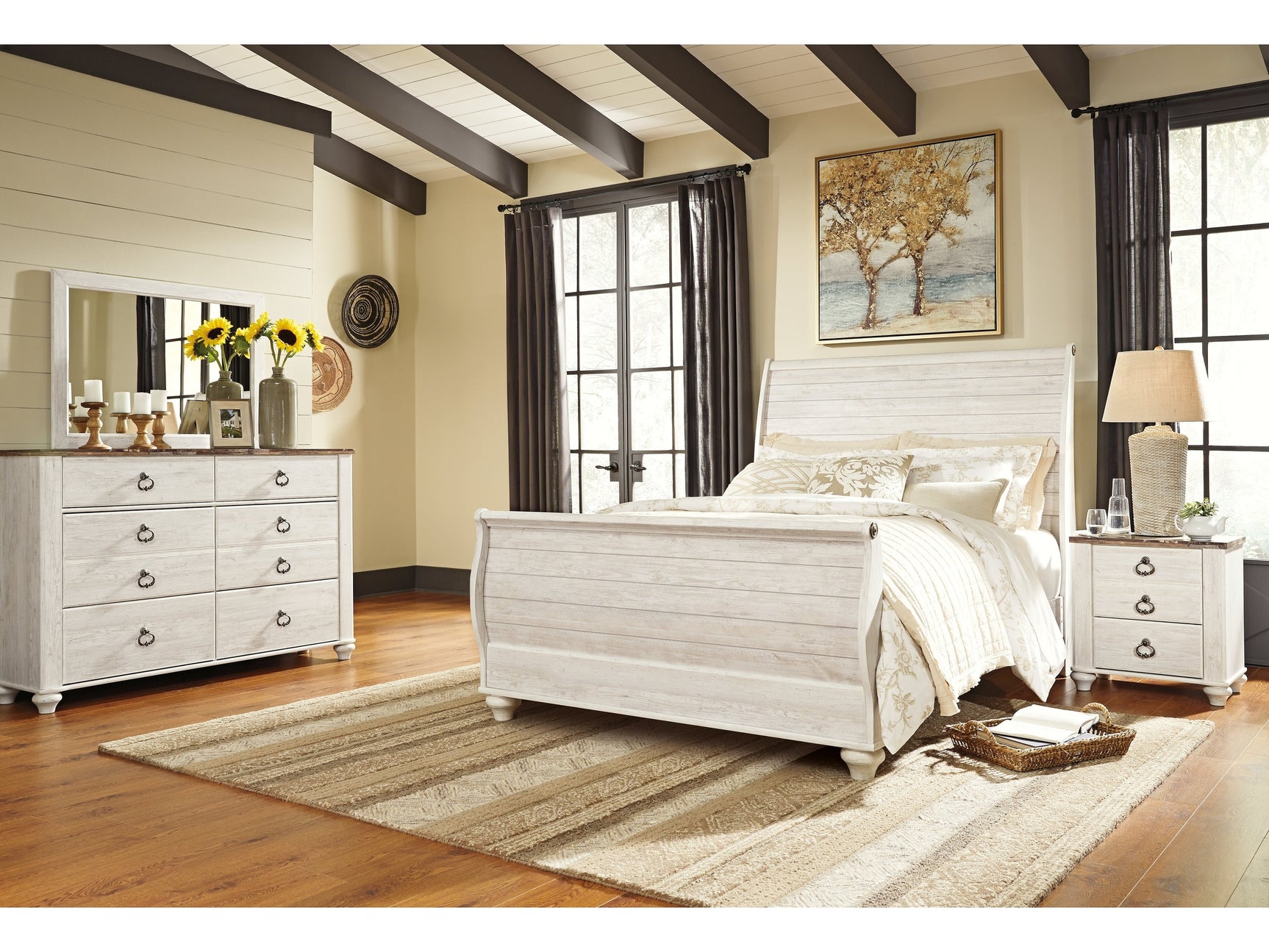 Willowton Whitewash Queen Sleigh Bedroom Set with Mirrored Dresser and Nightstand (Online Special Price) - Ornate Home