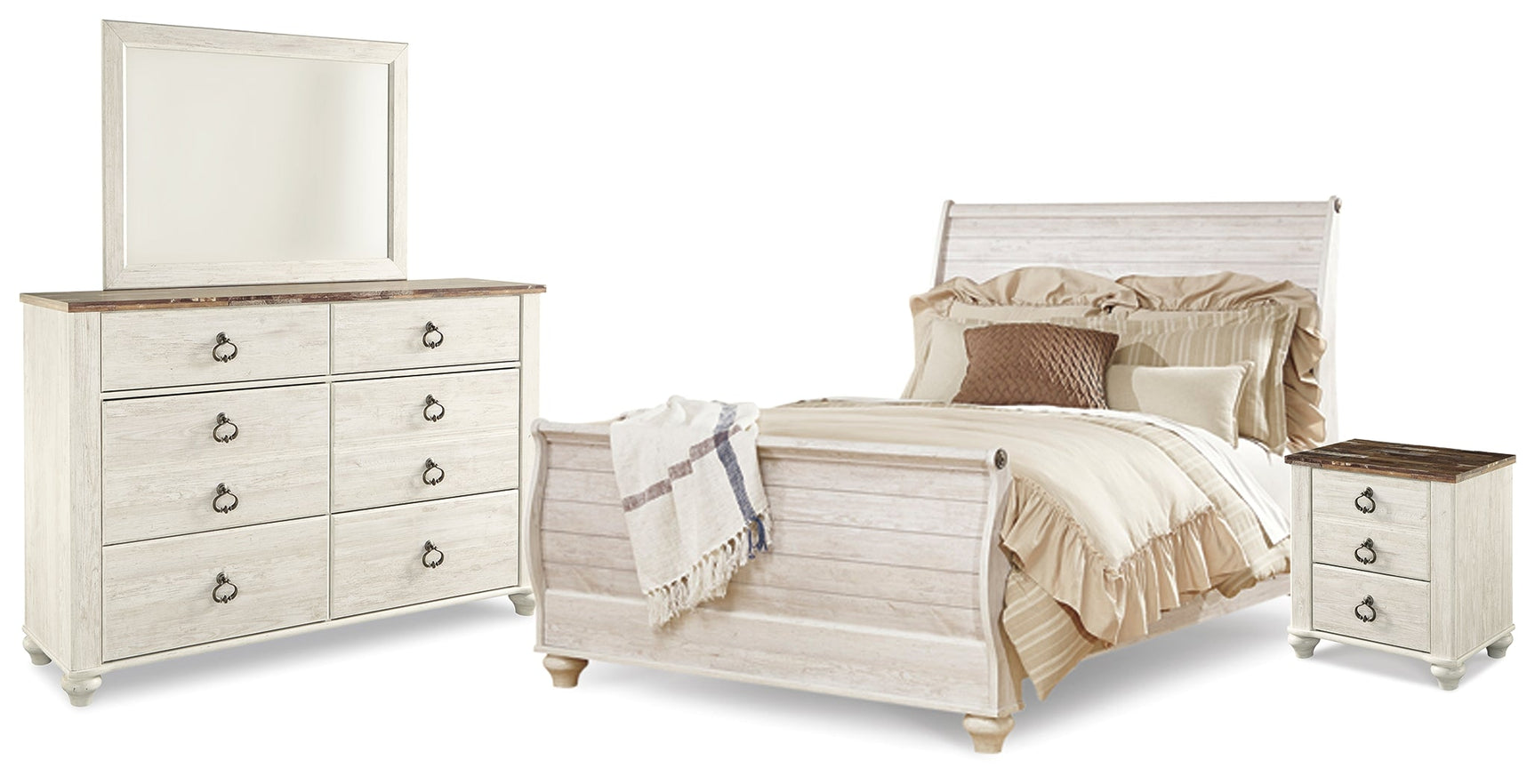 Willowton Whitewash Queen Sleigh Bedroom Set with Mirrored Dresser and Nightstand - Ornate Home