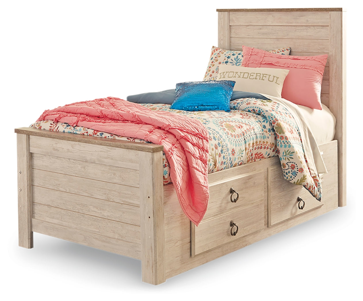 Willowton Whitewash Twin Bedroom Set with Storage, Dresser, Mirror, Chest and Nightstand - Ornate Home
