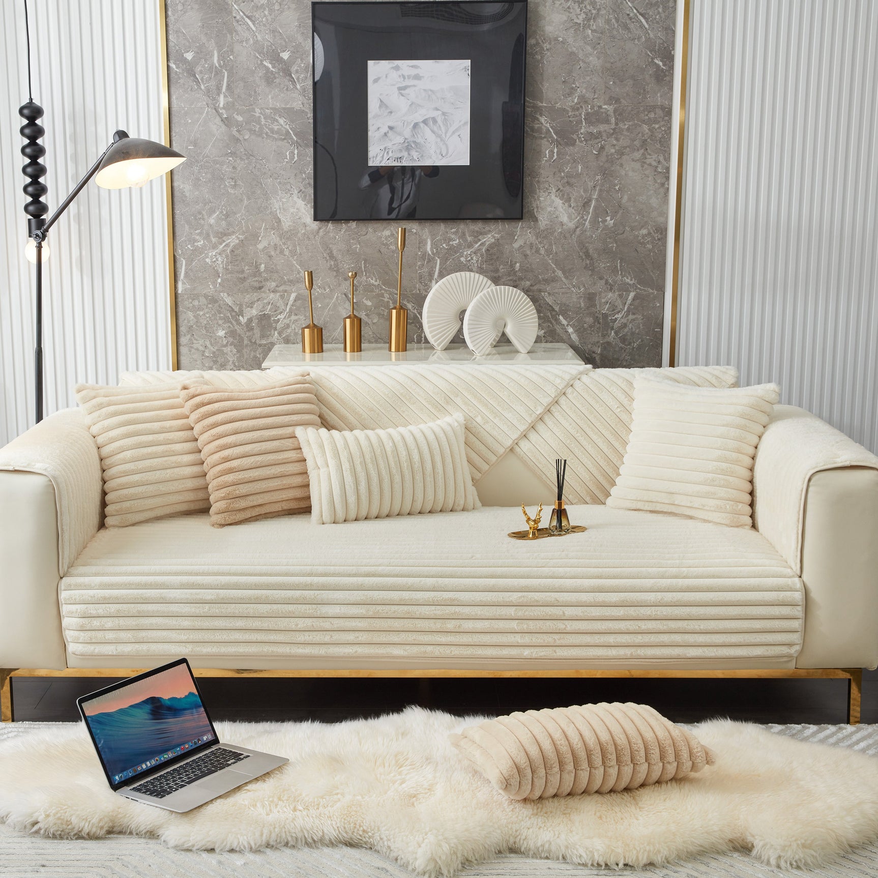 Winter Thickened Rabbit Plush Non-slip Sofa Cushion, Faux Fur Fluffy Furniture Protector - Ornate Home
