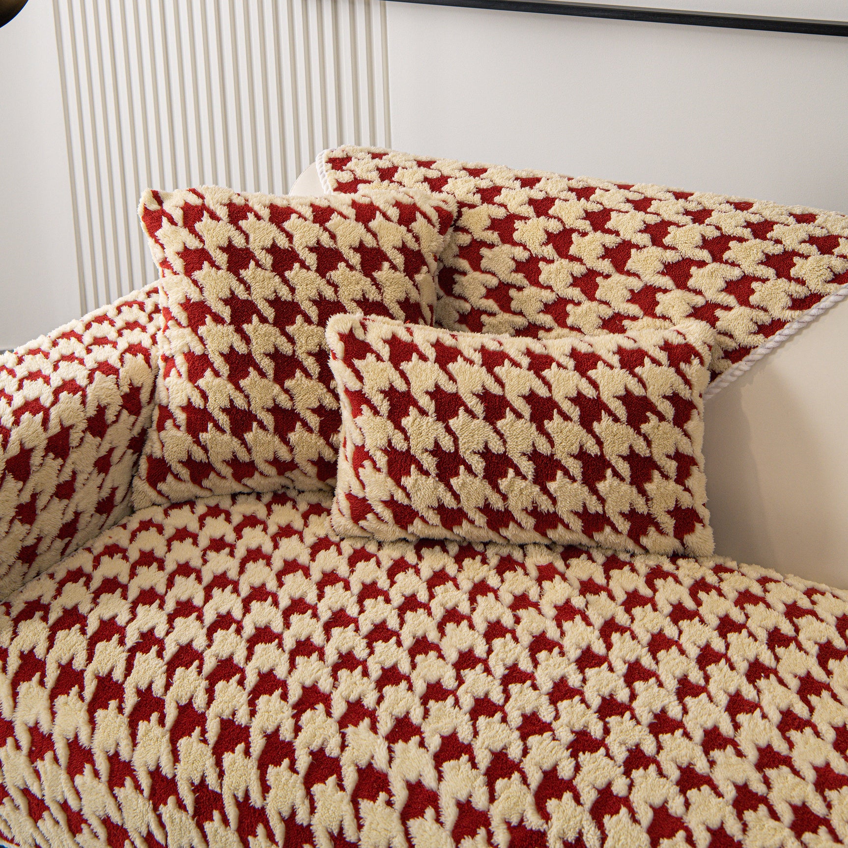 Winter Thickened Sherpa Fleece Houndstooth Sofa Cushion, Non-slip Sofa Cover with Plush - Ornate Home