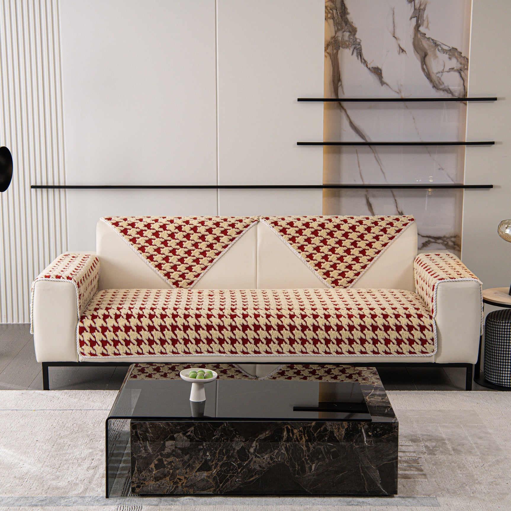 Winter Thickened Sherpa Fleece Houndstooth Sofa Cushion, Non-slip Sofa Cover with Plush - Ornate Home