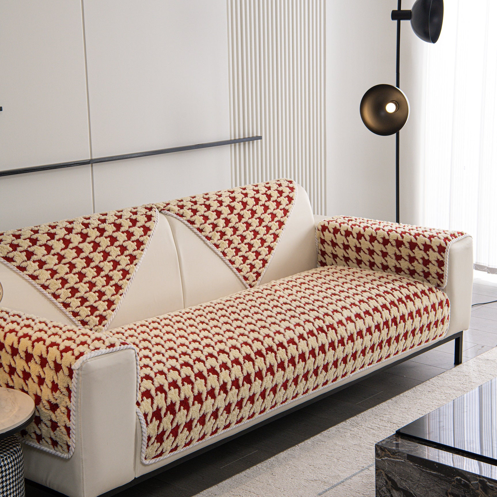 Winter Thickened Sherpa Fleece Houndstooth Sofa Cushion, Non-slip Sofa Cover with Plush - Ornate Home