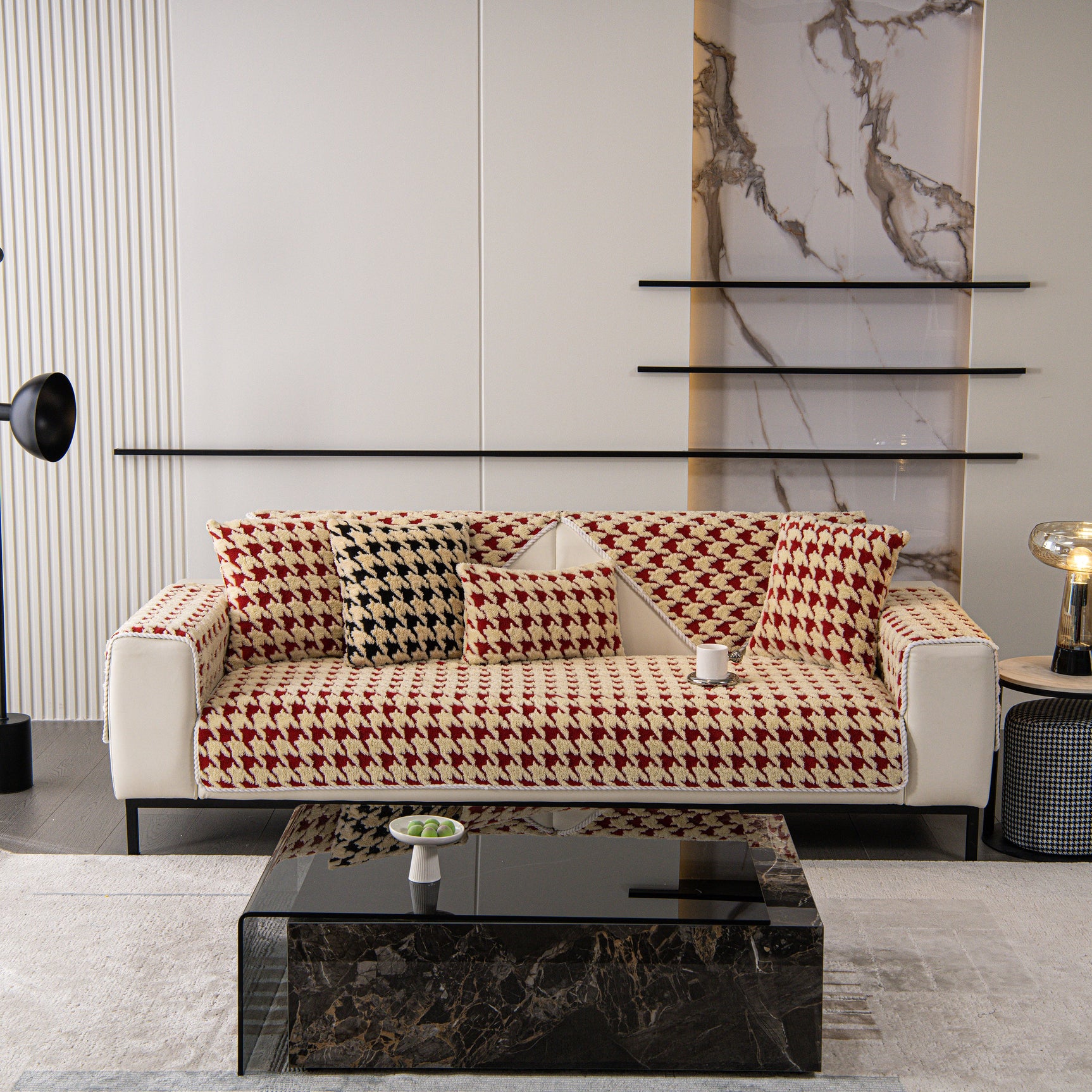 Winter Thickened Sherpa Fleece Houndstooth Sofa Cushion, Non-slip Sofa Cover with Plush - Ornate Home