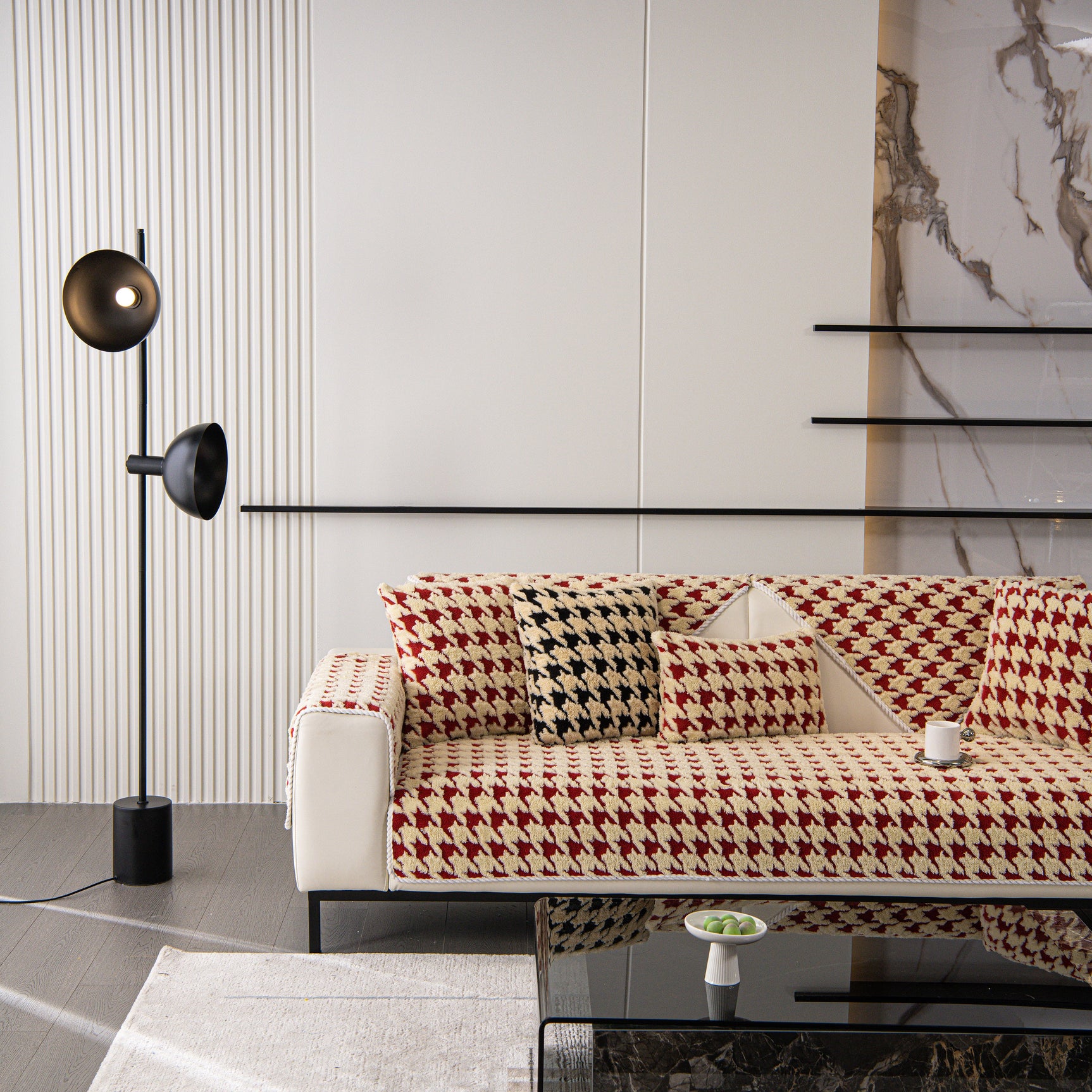 Winter Thickened Sherpa Fleece Houndstooth Sofa Cushion, Non-slip Sofa Cover with Plush - Ornate Home