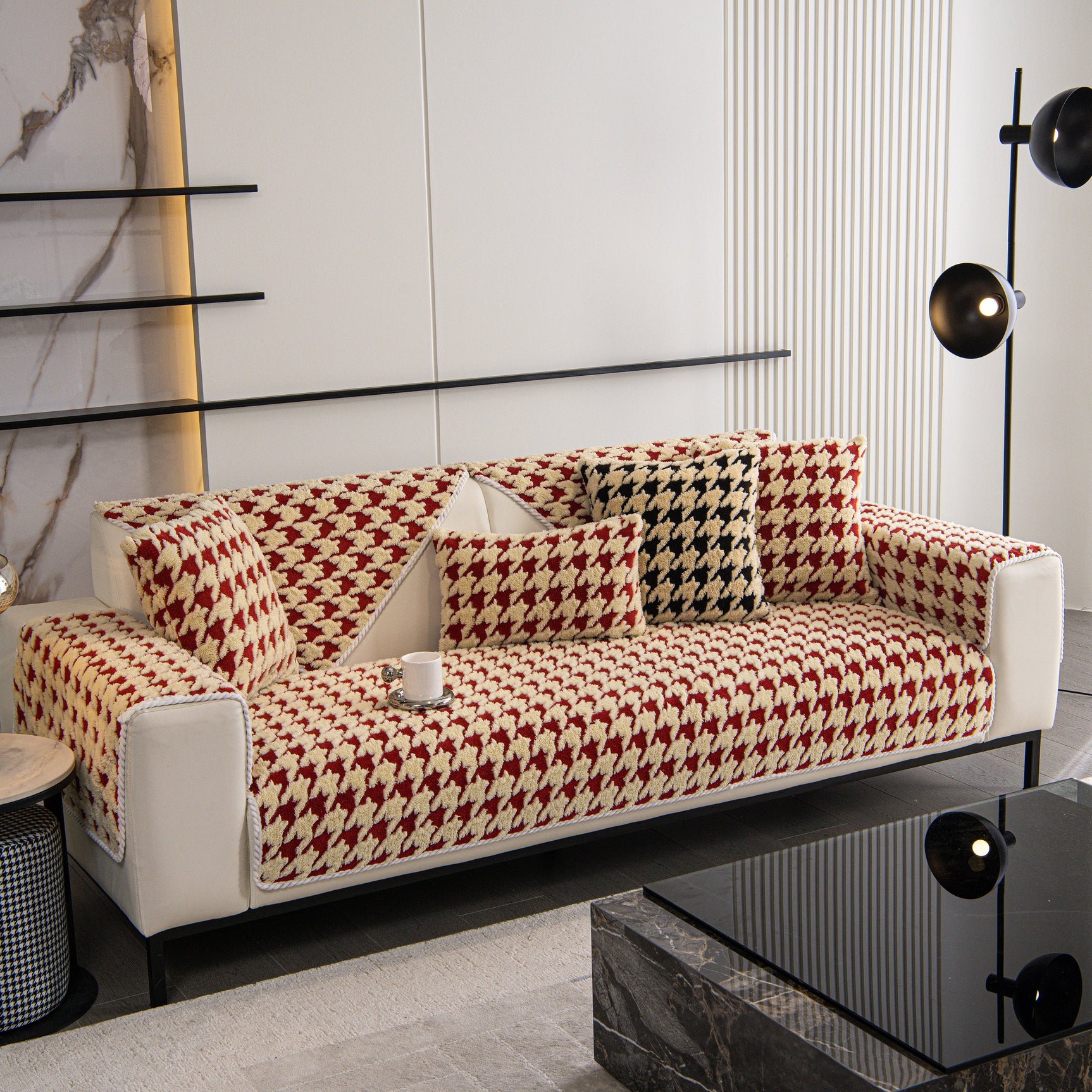 Winter Thickened Sherpa Fleece Houndstooth Sofa Cushion, Non-slip Sofa Cover with Plush - Ornate Home