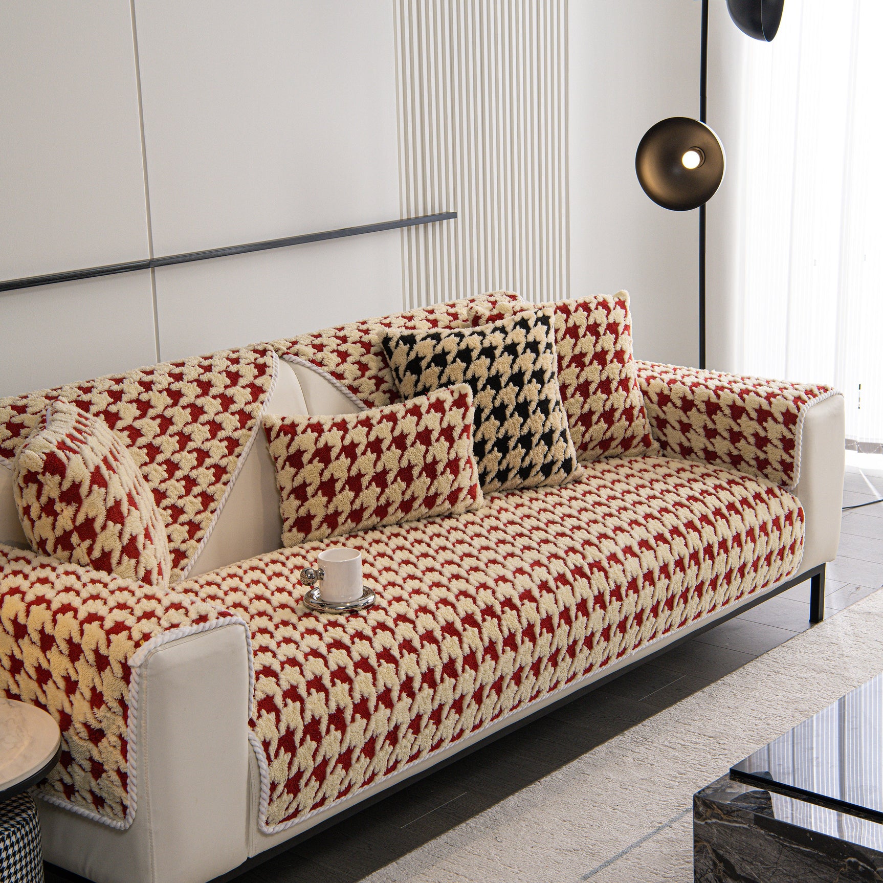 Winter Thickened Sherpa Fleece Houndstooth Sofa Cushion, Non-slip Sofa Cover with Plush - Ornate Home