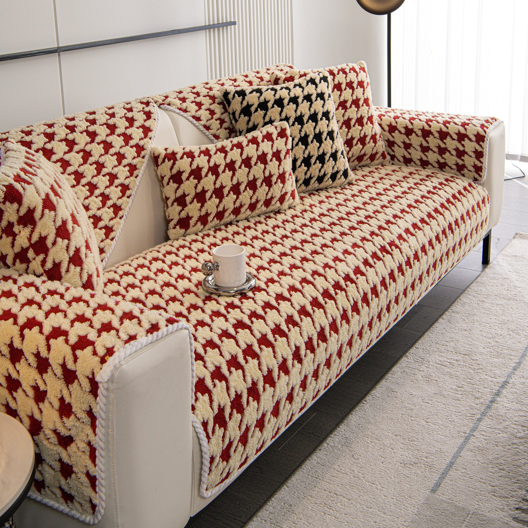 Winter Thickened Sherpa Fleece Houndstooth Sofa Cushion, Non-slip Sofa Cover with Plush - Ornate Home