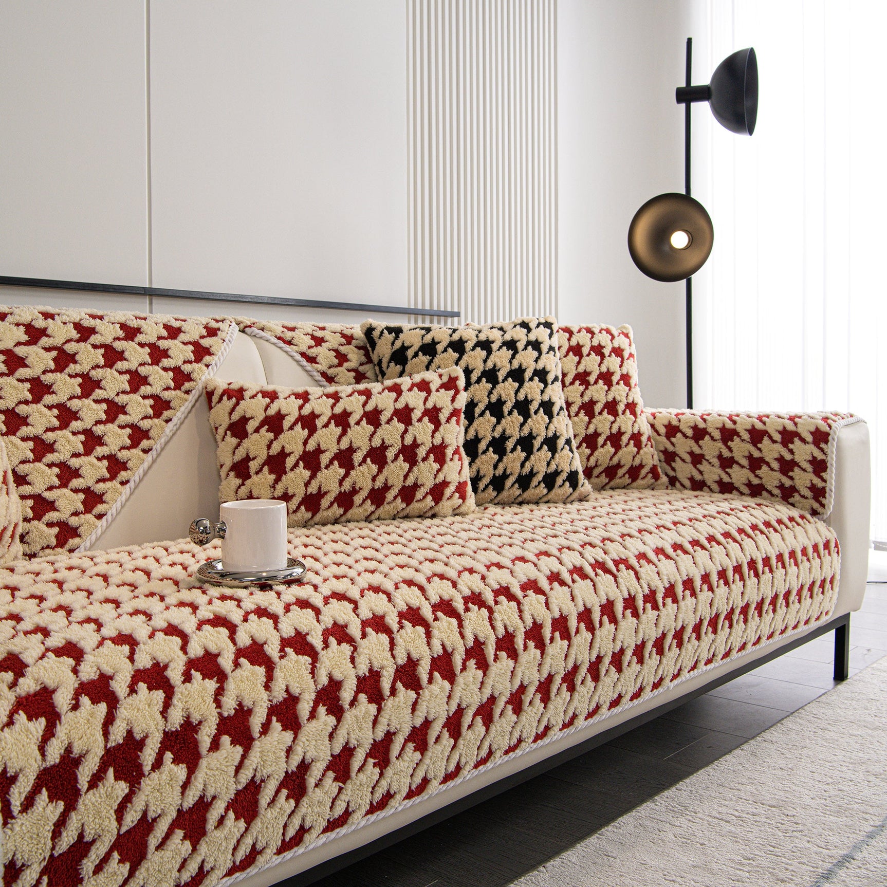 Winter Thickened Sherpa Fleece Houndstooth Sofa Cushion, Non-slip Sofa Cover with Plush - Ornate Home