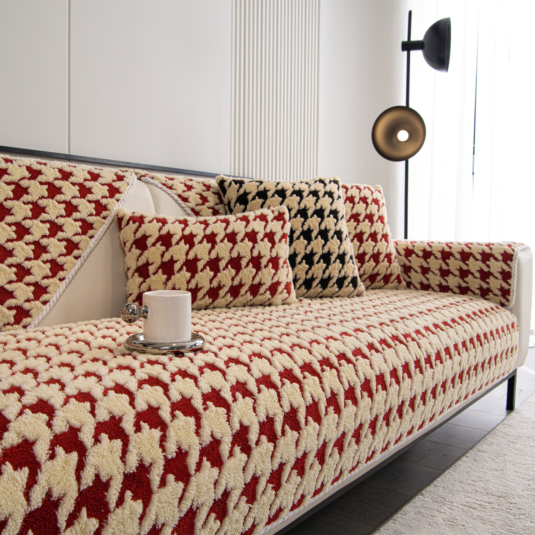 Winter Thickened Sherpa Fleece Houndstooth Sofa Cushion, Non-slip Sofa Cover with Plush - Ornate Home