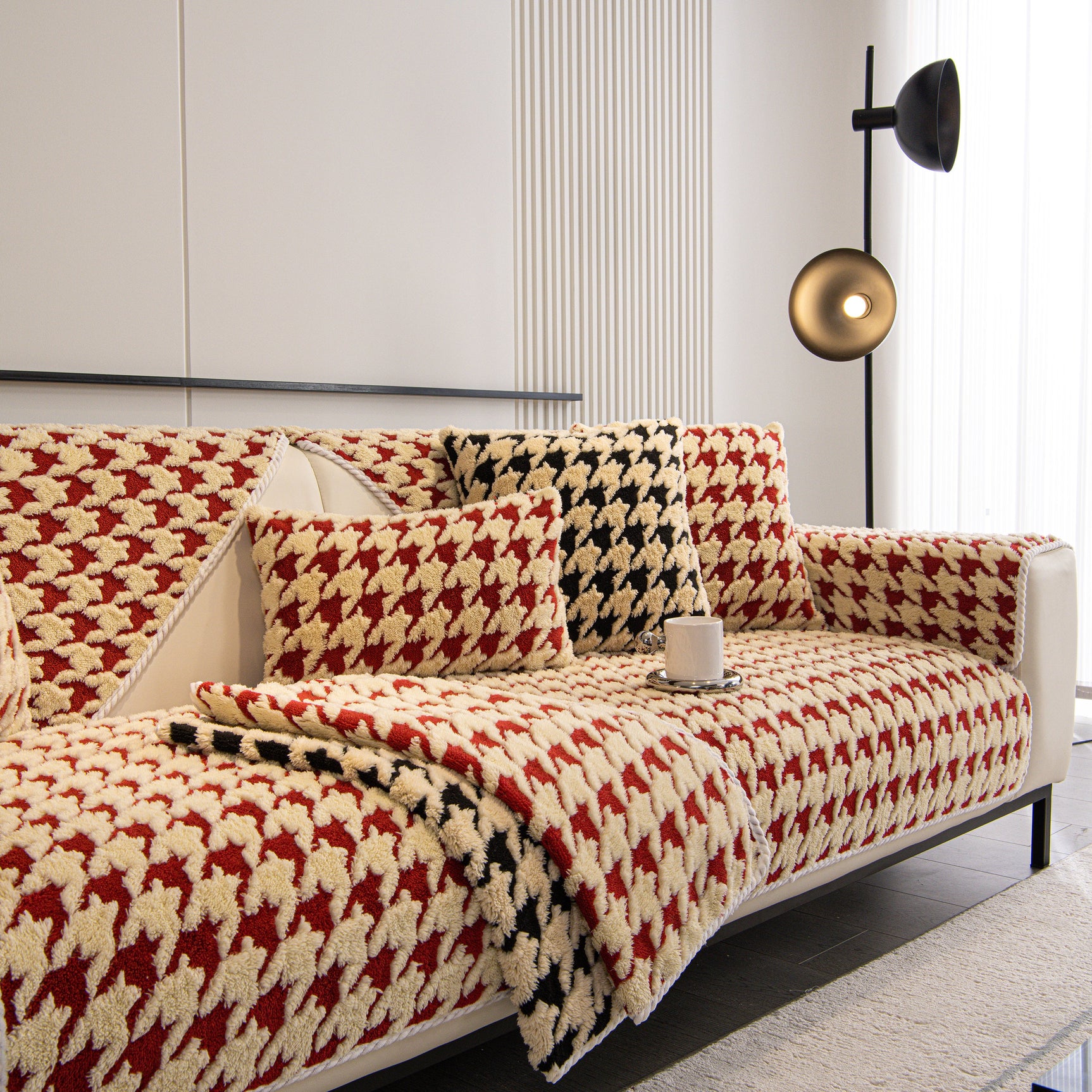 Winter Thickened Sherpa Fleece Houndstooth Sofa Cushion, Non-slip Sofa Cover with Plush - Ornate Home